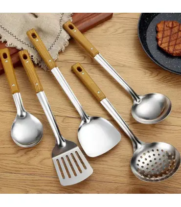 [5pcs] Ensemble de spatule de cuisine en acier inoxydable, manche brûlant, cuillère, passoire, 