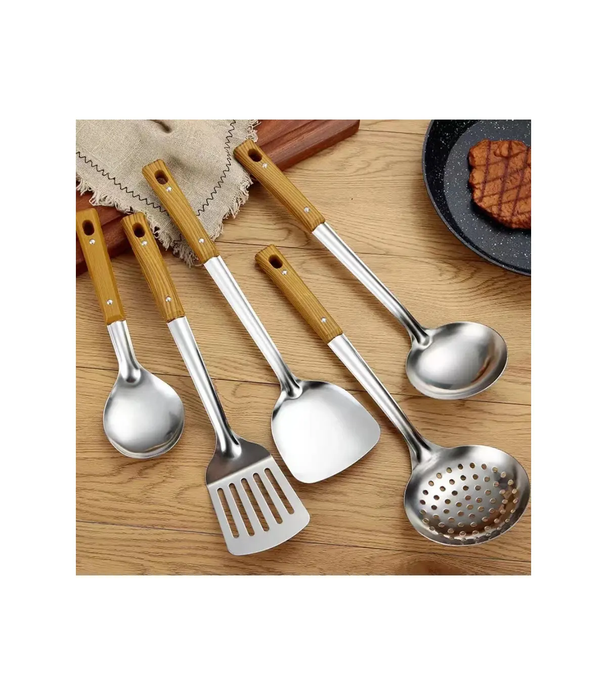 [5pcs] Ensemble de spatule de cuisine en acier inoxydable, manche brûlant, cuillère, passoire, 