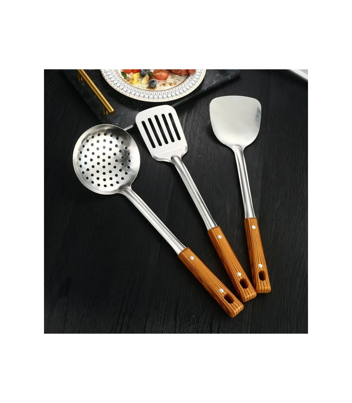 [5pcs] Ensemble de spatule de cuisine en acier inoxydable, manche brûlant, cuillère, passoire, 
