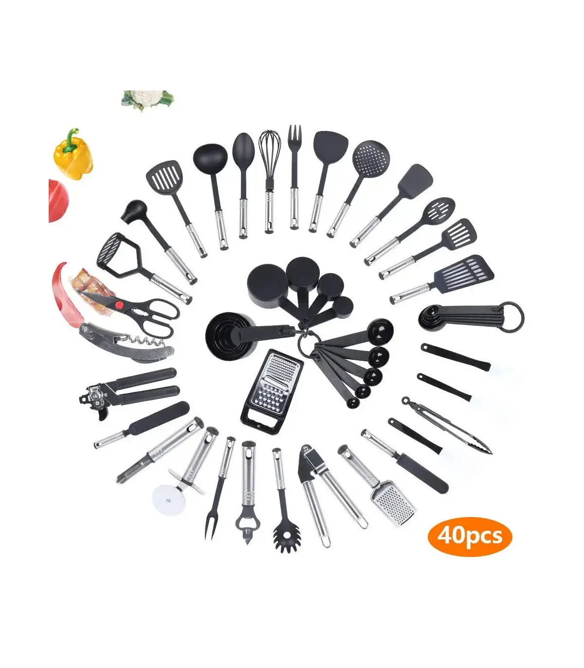 [Black GERMANY] 40 pièces ensemble d\'aide de cuisine en acier inoxydable ustensiles antiadhésif