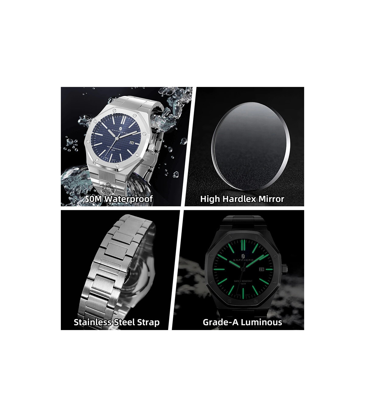 [SO2110-03 Non] SAPPHERO montre pour hommes, bracelet en acier inoxydable, conception résistant