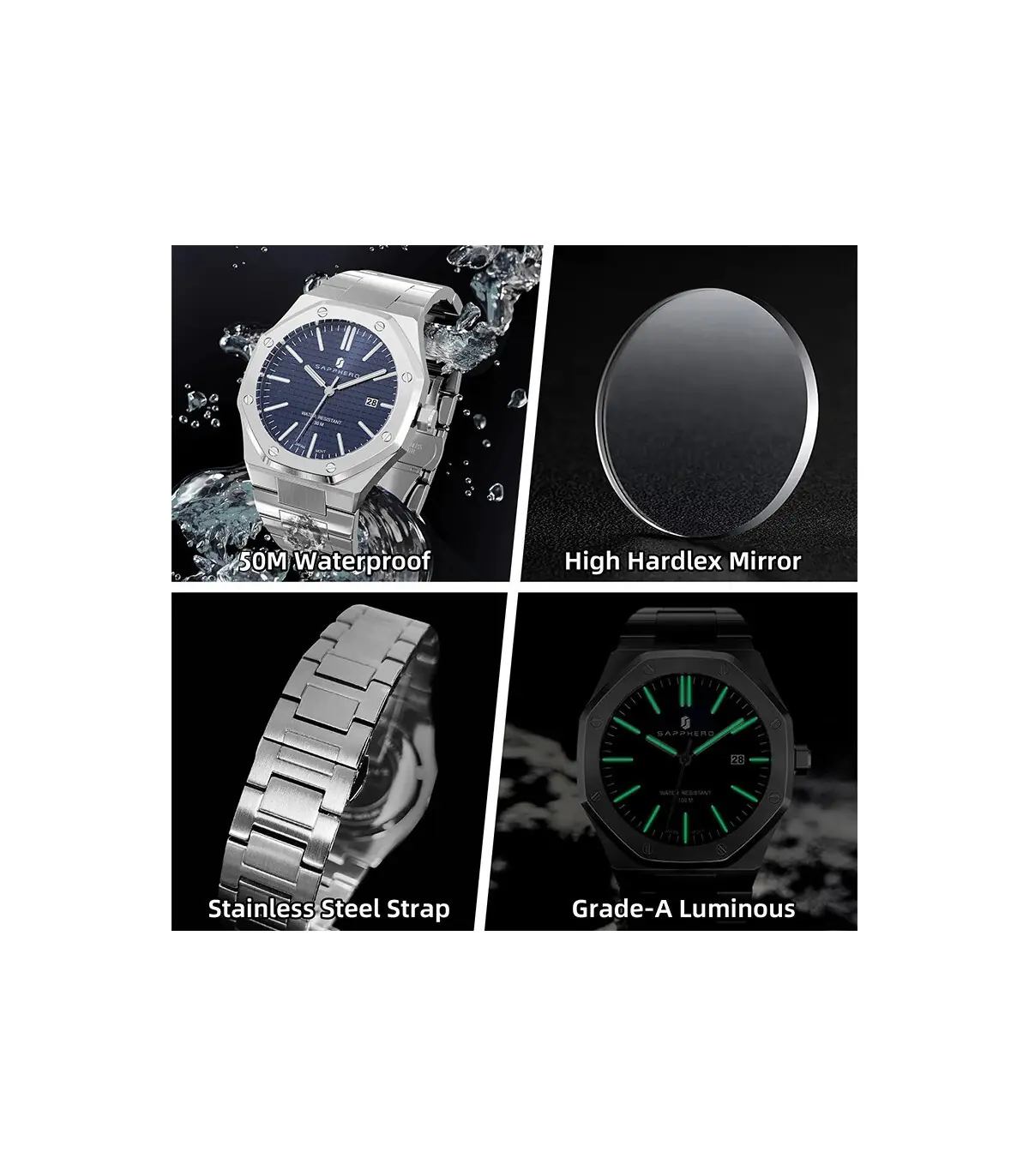 [SO2110-03 Non] SAPPHERO montre pour hommes, bracelet en acier inoxydable, conception résistant