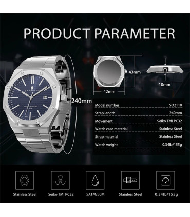 [SO2110-03 Non] SAPPHERO montre pour hommes, bracelet en acier inoxydable, conception résistant