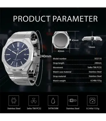 [SO2110-03 Non] SAPPHERO montre pour hommes, bracelet en acier inoxydable, conception résistant