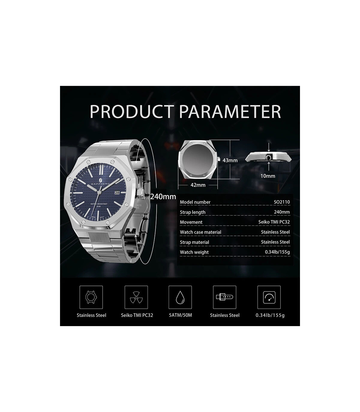 [SO2110-03 Non] SAPPHERO montre pour hommes, bracelet en acier inoxydable, conception résistant