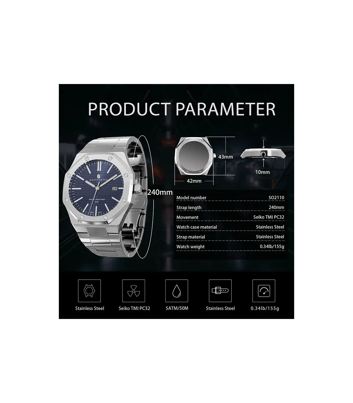 [SO2110-03 Non] SAPPHERO montre pour hommes, bracelet en acier inoxydable, conception résistant