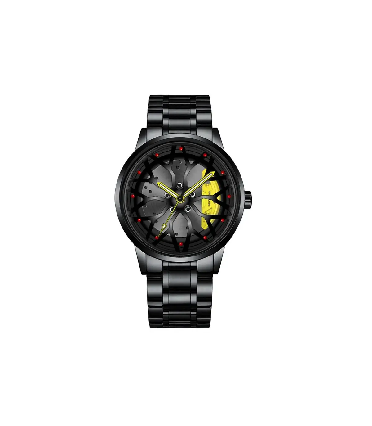 [Black Yellow] Montres de roue de voiture en acier inoxydable pour hommes, montre-bracelet à qu