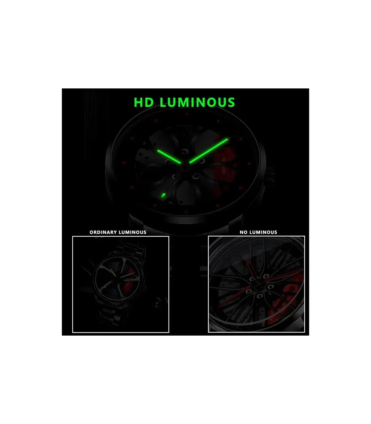 [Black Yellow] Montres de roue de voiture en acier inoxydable pour hommes, montre-bracelet à qu