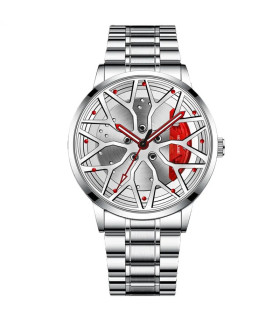 [Silver Red] Montres de roue de voiture en acier inoxydable pour hommes, montre-bracelet à quar