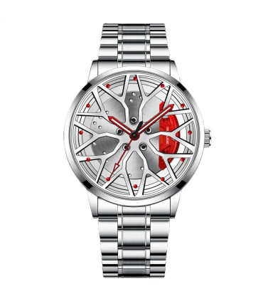 [Silver Red] Montres de roue de voiture en acier inoxydable pour hommes, montre-bracelet à quar