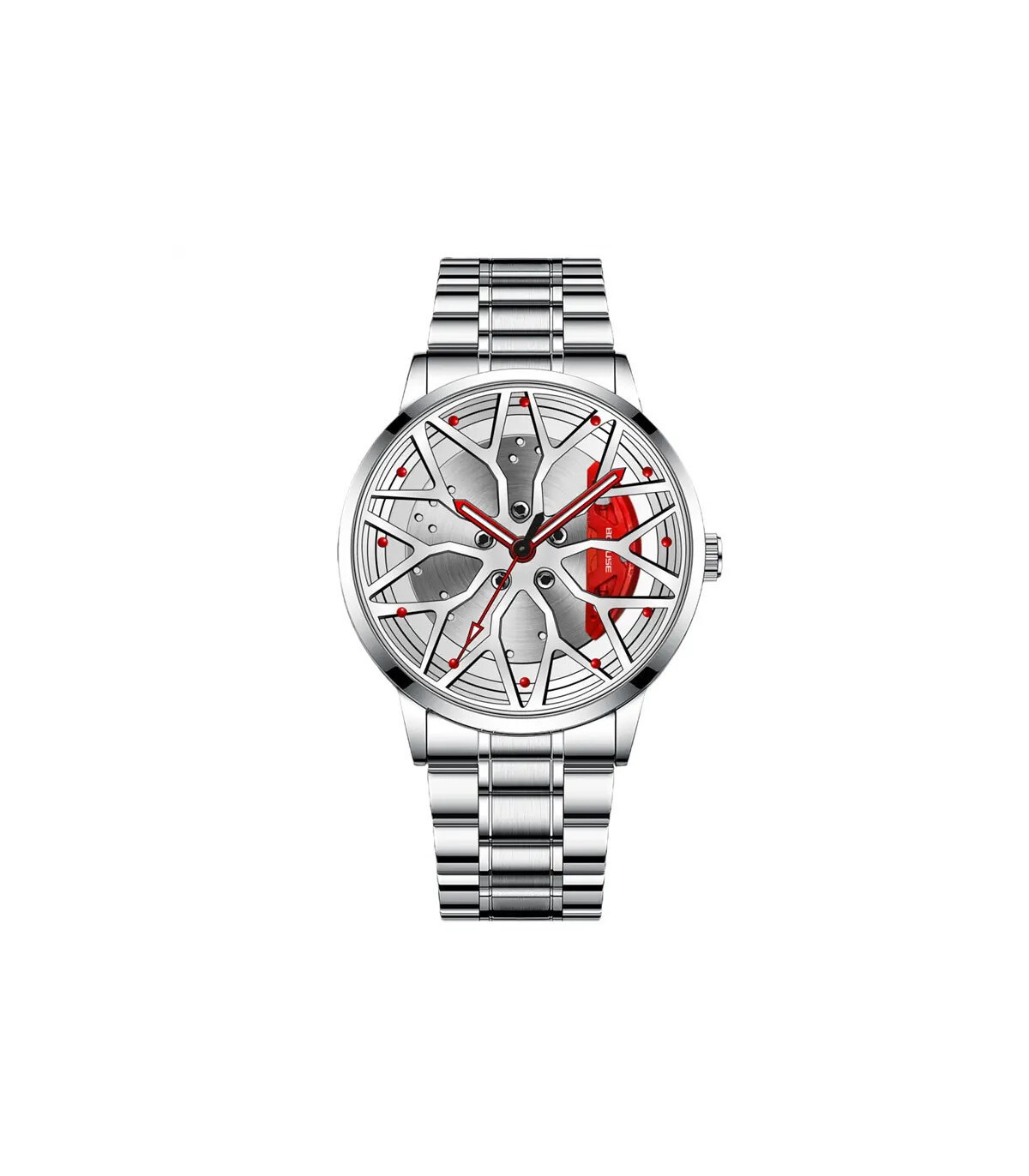 [Silver Red] Montres de roue de voiture en acier inoxydable pour hommes, montre-bracelet à quar