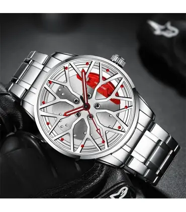 [Silver Red] Montres de roue de voiture en acier inoxydable pour hommes, montre-bracelet à quar