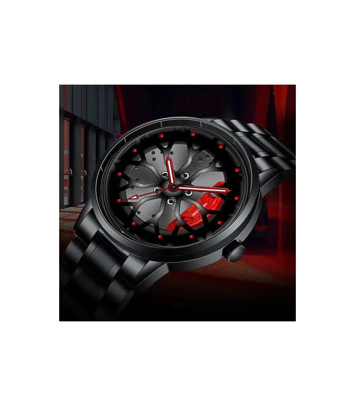 [Silver Red] Montres de roue de voiture en acier inoxydable pour hommes, montre-bracelet à quar