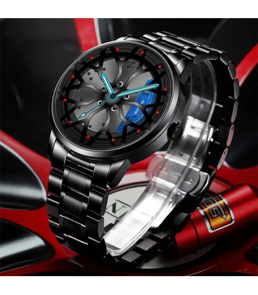 [Black Red] Montres de roue de voiture en acier inoxydable pour hommes, montre-bracelet à quart