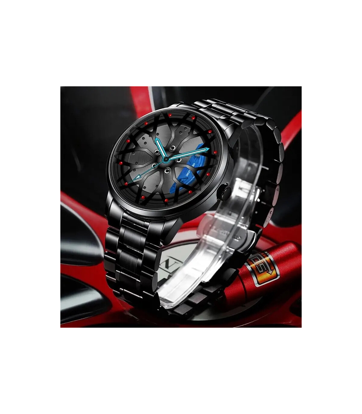 [Black Red] Montres de roue de voiture en acier inoxydable pour hommes, montre-bracelet à quart