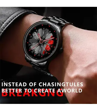 [Black Red] Montres de roue de voiture en acier inoxydable pour hommes, montre-bracelet à quart
