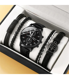 [Black] Nouveau Hommes Montre De Luxe Bracelet Ensemble Mode D\'affaires Brun En Cuir Quartz Mon