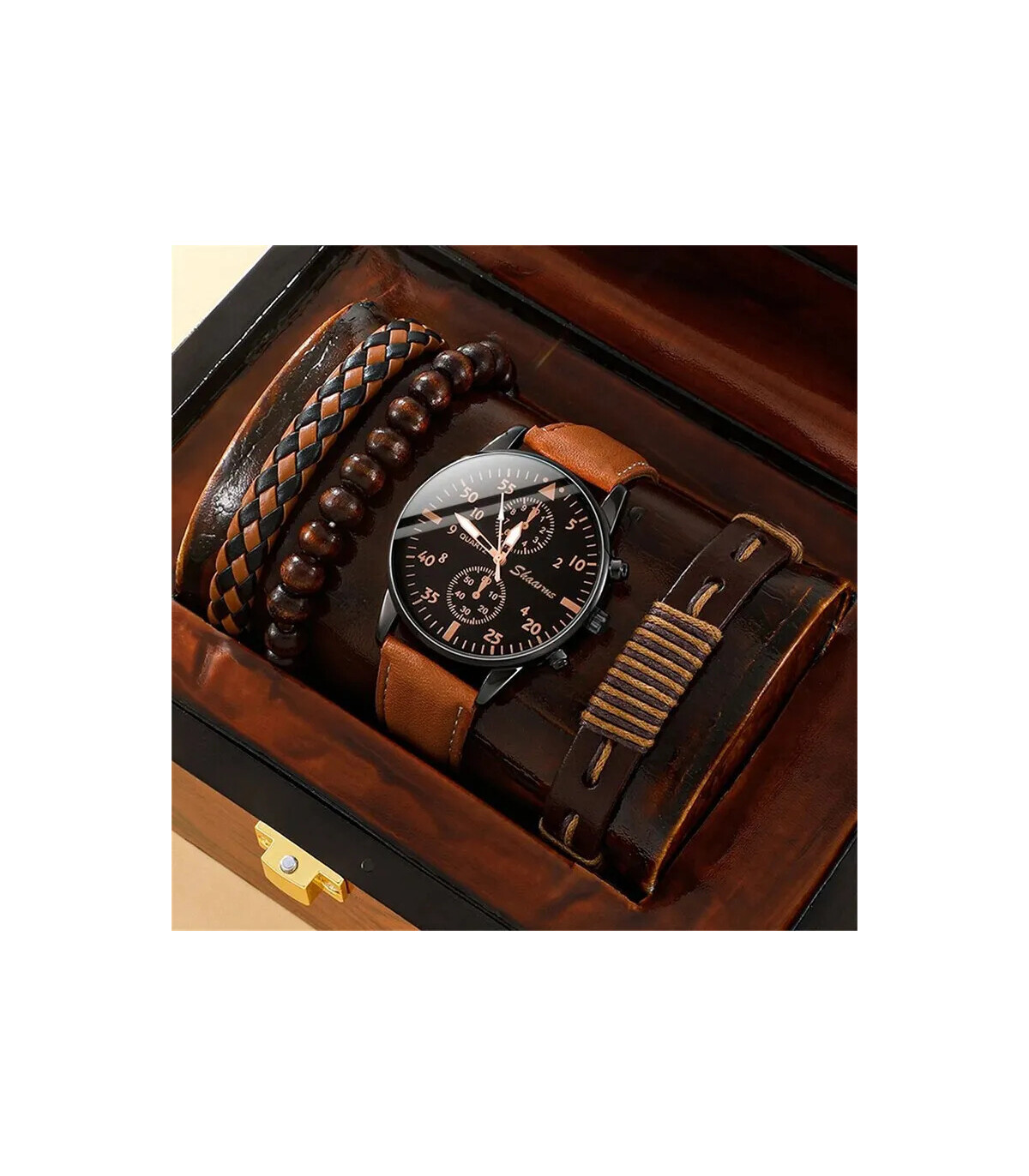 [Black] Nouveau Hommes Montre De Luxe Bracelet Ensemble Mode D\'affaires Brun En Cuir Quartz Mon