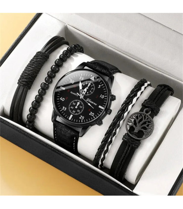 [Black] Nouveau Hommes Montre De Luxe Bracelet Ensemble Mode D\'affaires Brun En Cuir Quartz Mon