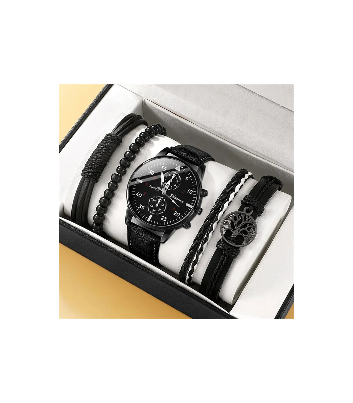 [Black] Nouveau Hommes Montre De Luxe Bracelet Ensemble Mode D\'affaires Brun En Cuir Quartz Mon