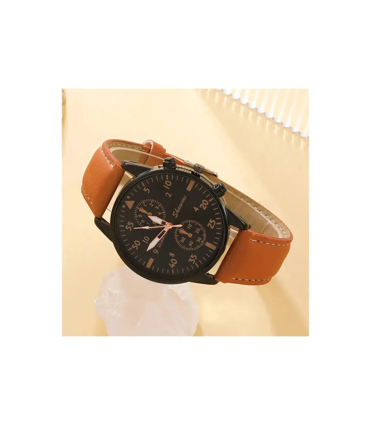 [BROWN] Nouveau Hommes Montre De Luxe Bracelet Ensemble Mode D\'affaires Brun En Cuir Quartz Mon