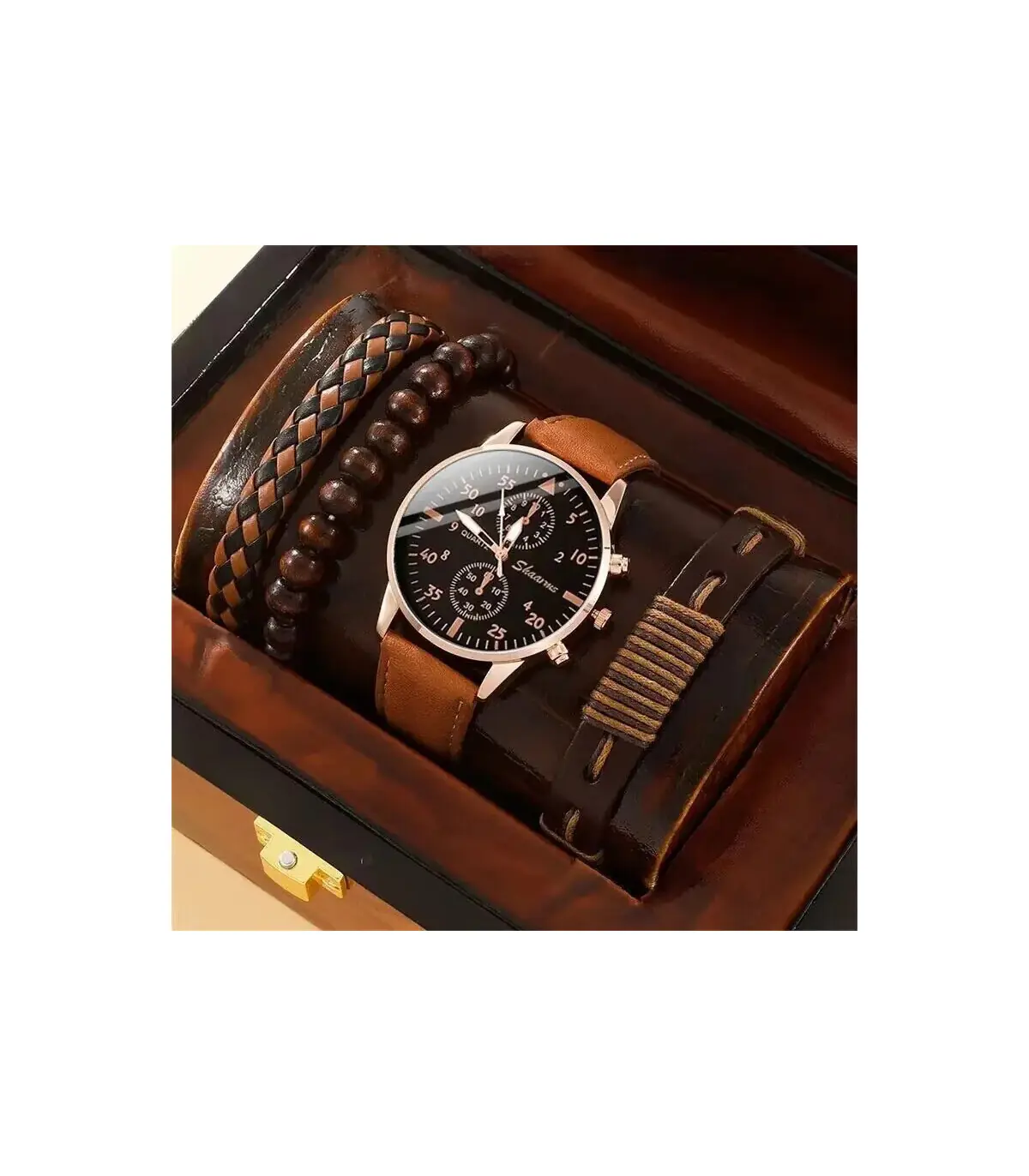 [Black] Nouveau Hommes Montre De Luxe Bracelet Ensemble Mode D\'affaires Brun En Cuir Quartz Mon