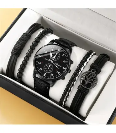 [Black] Nouveau Hommes Montre De Luxe Bracelet Ensemble Mode D\'affaires Brun En Cuir Quartz Mon