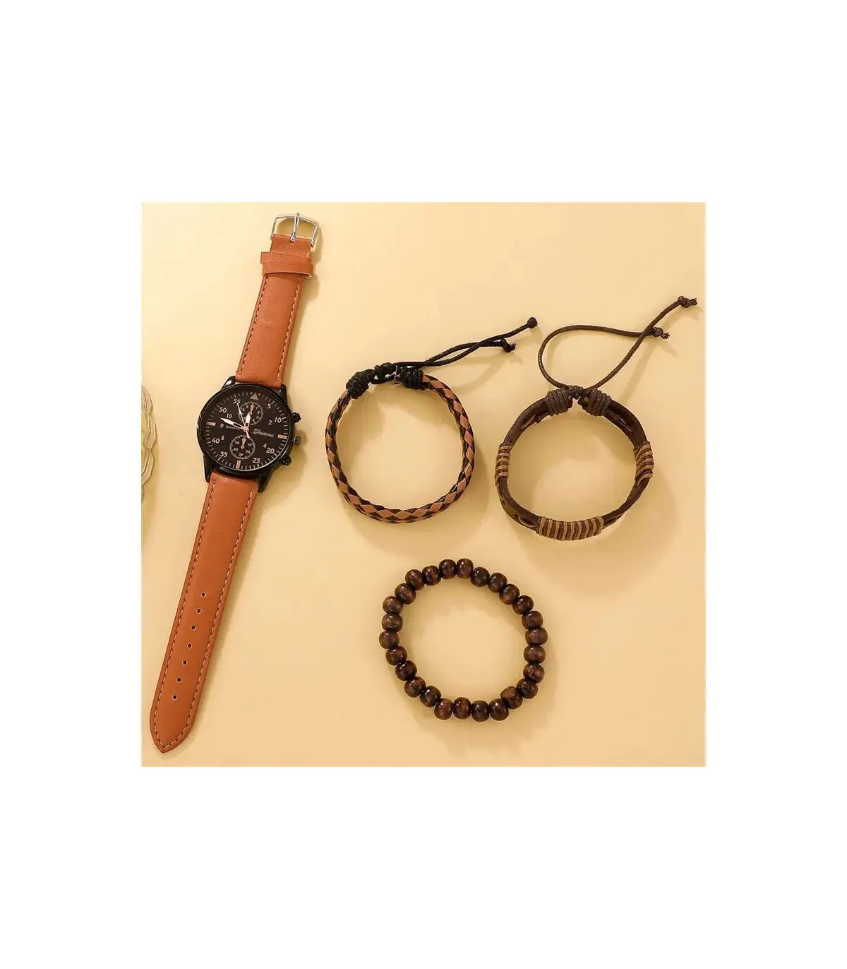 [Black] Nouveau Hommes Montre De Luxe Bracelet Ensemble Mode D\'affaires Brun En Cuir Quartz Mon