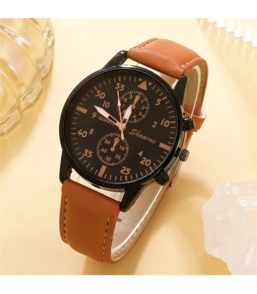 [Black] Nouveau Hommes Montre De Luxe Bracelet Ensemble Mode D\'affaires Brun En Cuir Quartz Mon