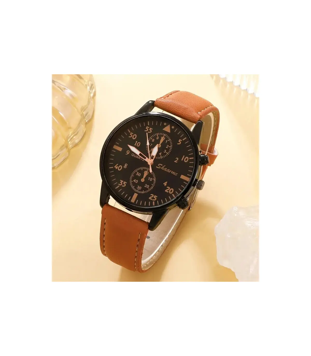 [Black] Nouveau Hommes Montre De Luxe Bracelet Ensemble Mode D\'affaires Brun En Cuir Quartz Mon