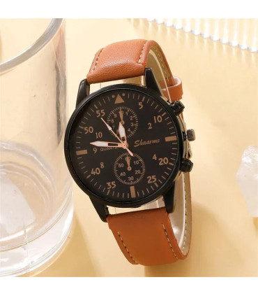 [Black] Nouveau Hommes Montre De Luxe Bracelet Ensemble Mode D\'affaires Brun En Cuir Quartz Mon