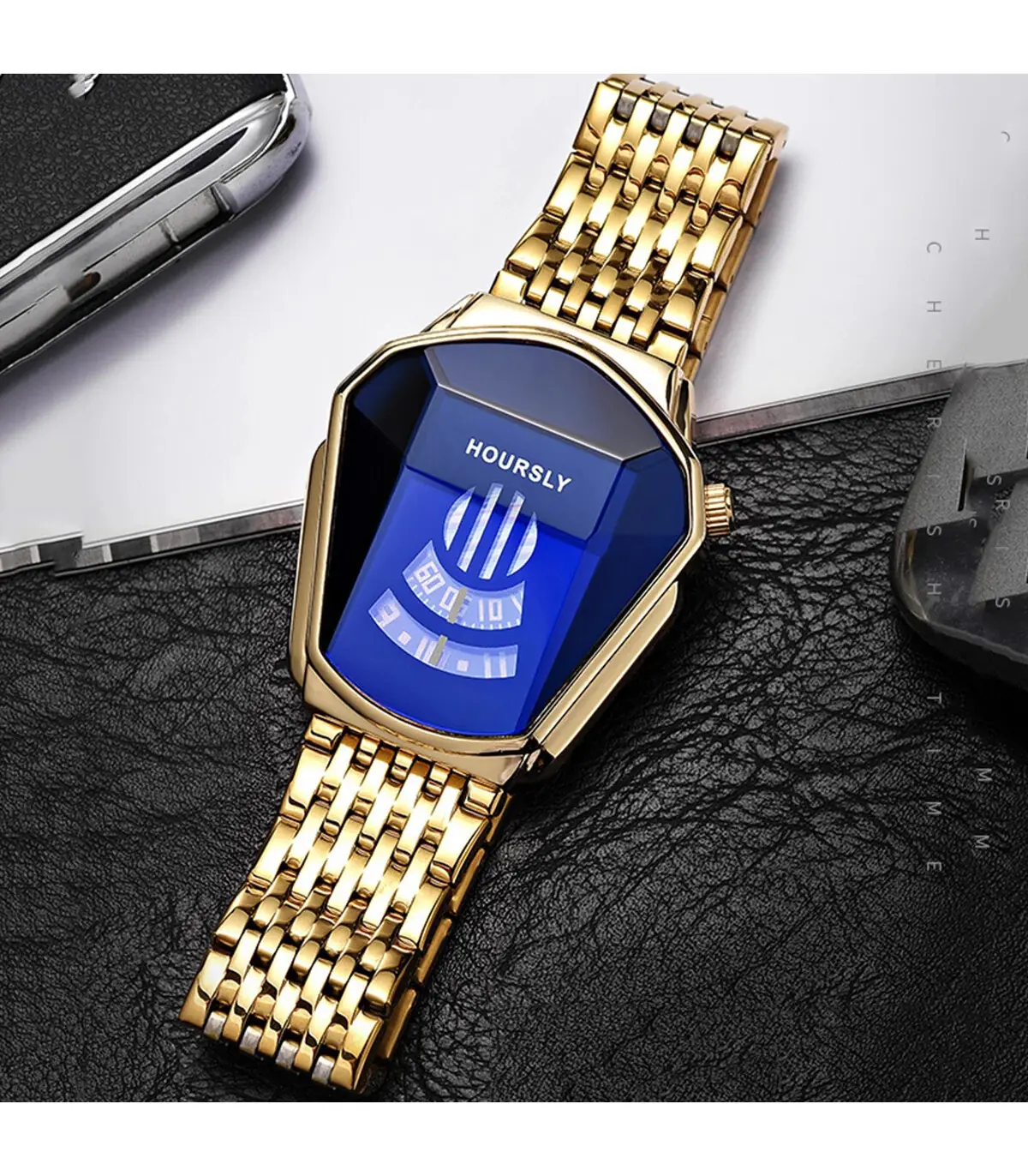 [Gold Blue] Montre à quartz étanche pour homme, personnalité de moto, nouvelle tendance