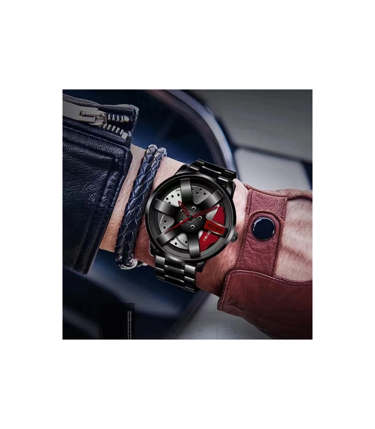 [Red] Mode hommes voiture roue montres de luxe en acier inoxydable montre étanche pour hommes Q