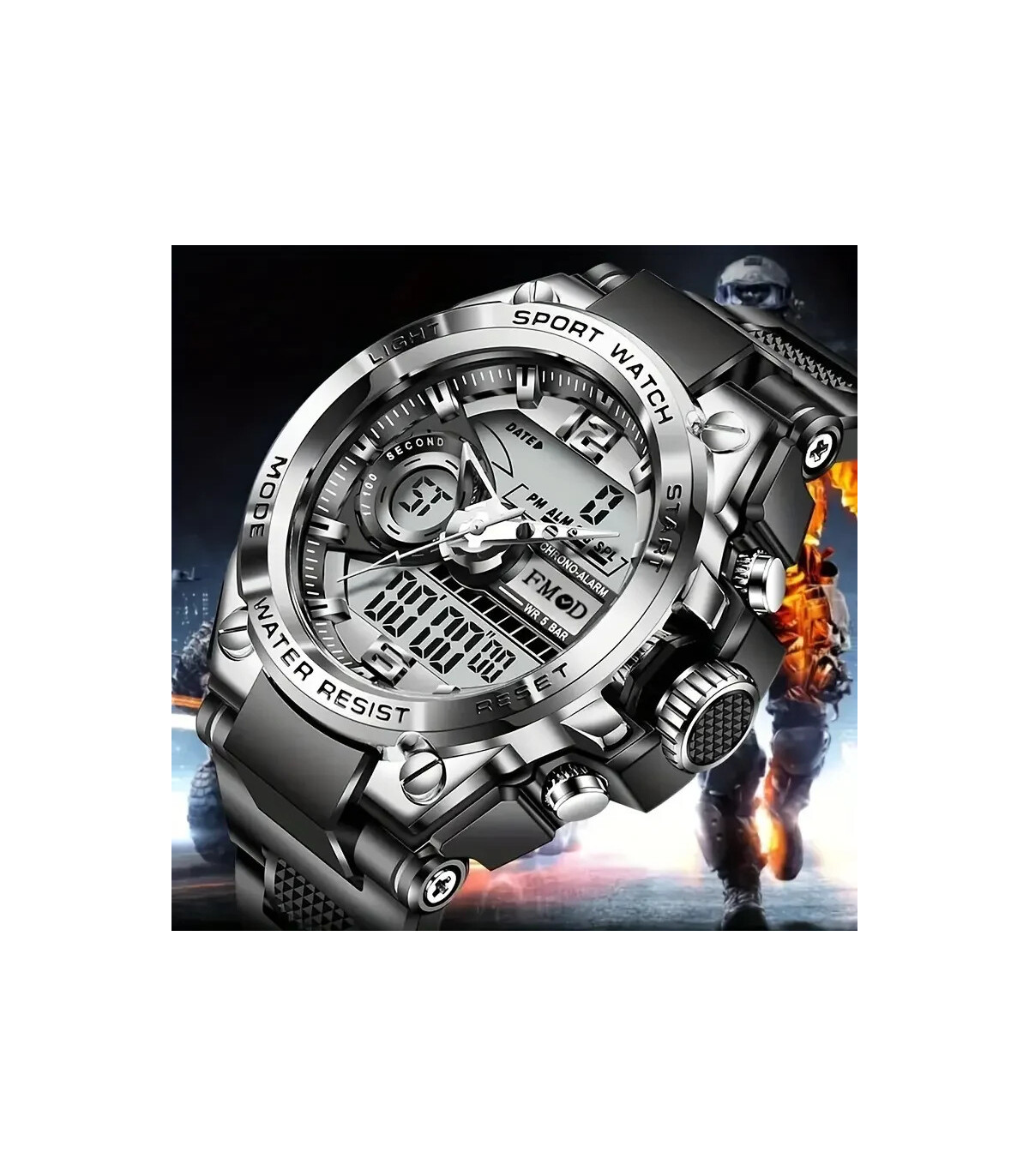 [Silver black] Montre-bracelet militaire numérique en acier pour hommes, horloge à Quartz LED, 