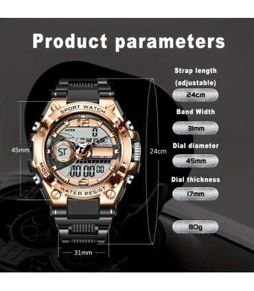 [Silver black] Montre-bracelet militaire numérique en acier pour hommes, horloge à Quartz LED, 