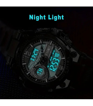 [Silver black] Montre-bracelet militaire numérique en acier pour hommes, horloge à Quartz LED, 