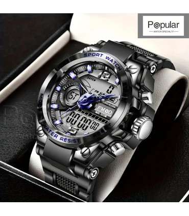 [Silver black] Montre-bracelet militaire numérique en acier pour hommes, horloge à Quartz LED, 