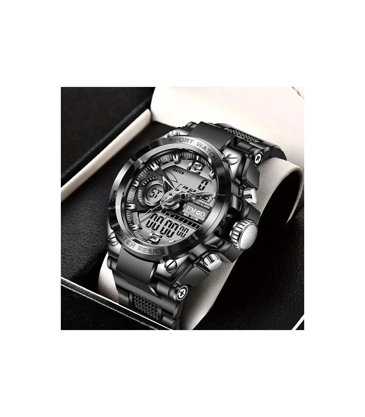 [All black] Montre-bracelet militaire numérique en acier pour hommes, horloge à Quartz LED, mon