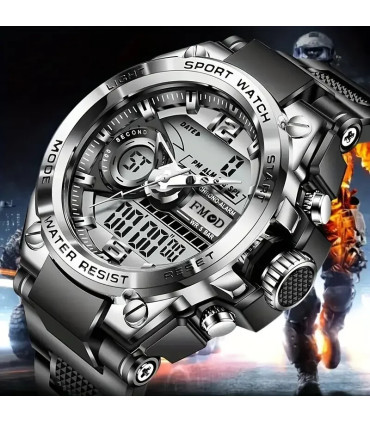 [All black] Montre-bracelet militaire numérique en acier pour hommes, horloge à Quartz LED, mon