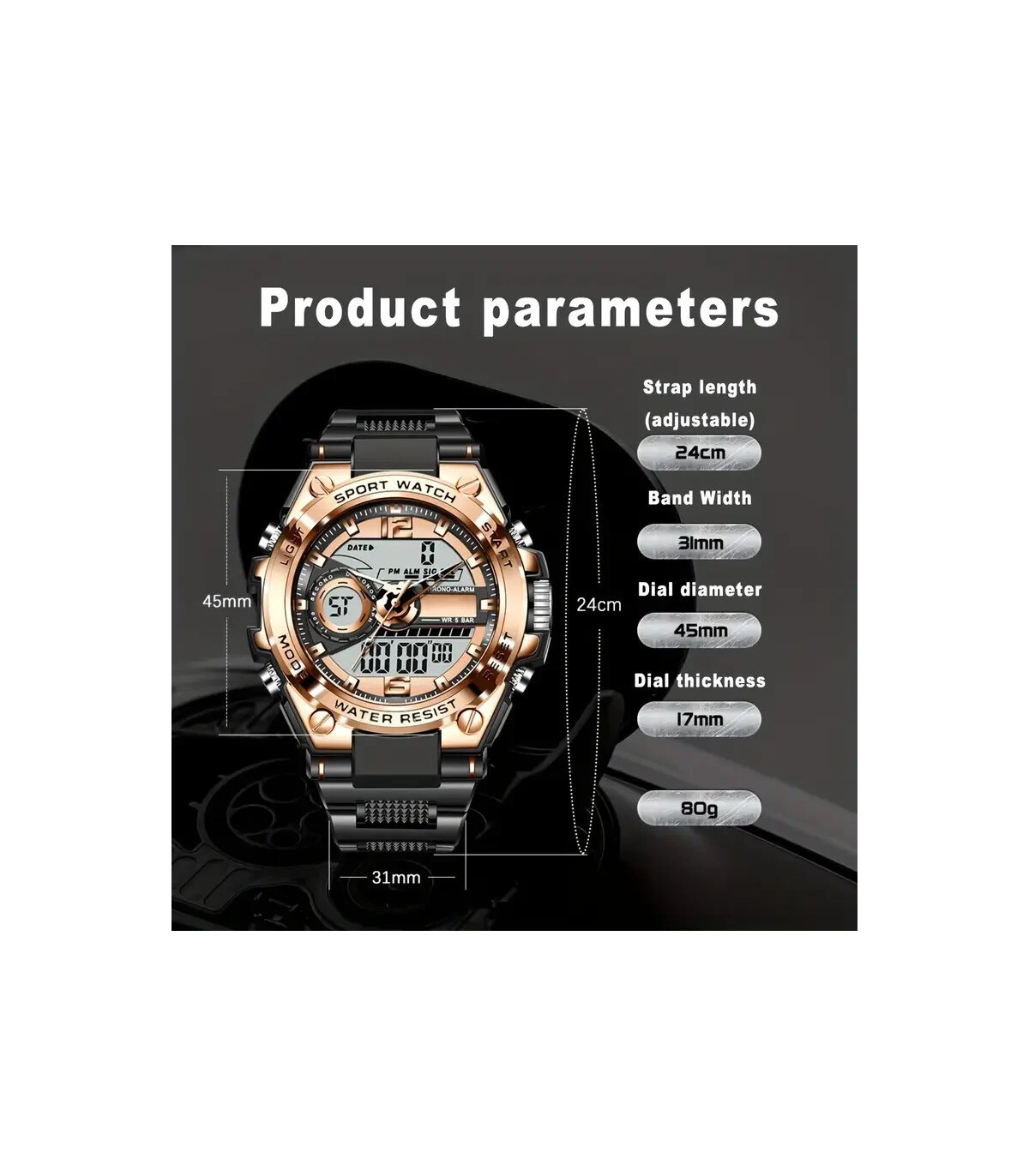 [All black] Montre-bracelet militaire numérique en acier pour hommes, horloge à Quartz LED, mon