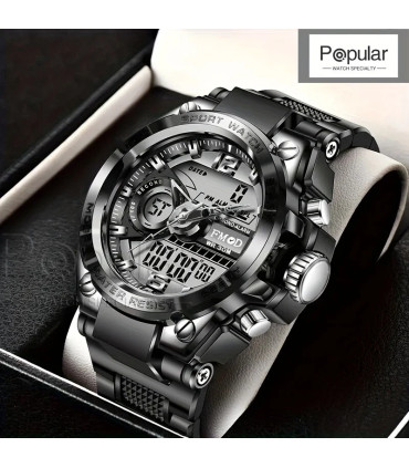 [All black] Montre-bracelet militaire numérique en acier pour hommes, horloge à Quartz LED, mon