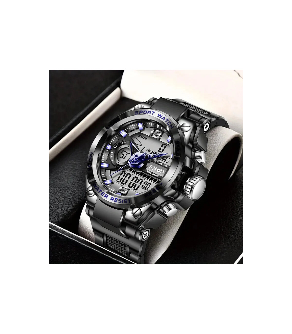 [Bleu] Montre-bracelet militaire numérique en acier pour hommes, horloge à Quartz LED, montre d