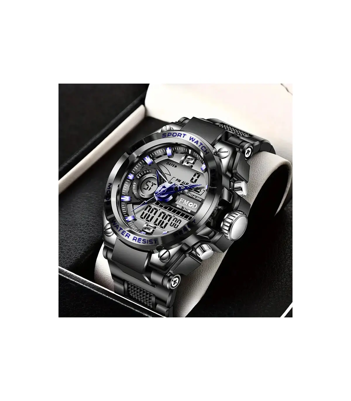 [Bleu] Montre-bracelet militaire numérique en acier pour hommes, horloge à Quartz LED, montre d