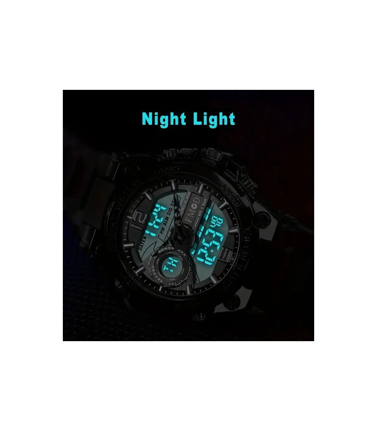 [Bleu] Montre-bracelet militaire numérique en acier pour hommes, horloge à Quartz LED, montre d