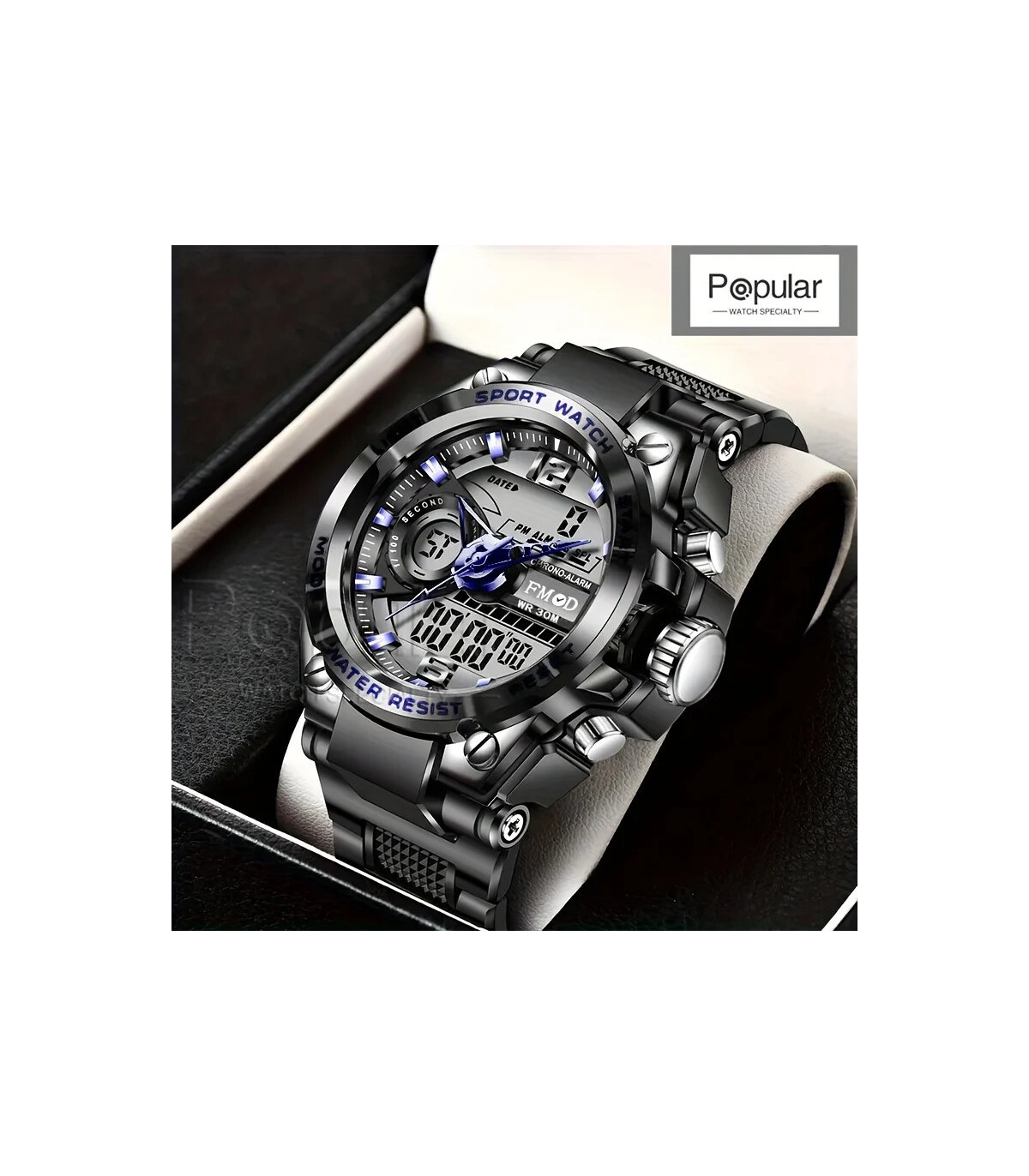 [Bleu] Montre-bracelet militaire numérique en acier pour hommes, horloge à Quartz LED, montre d