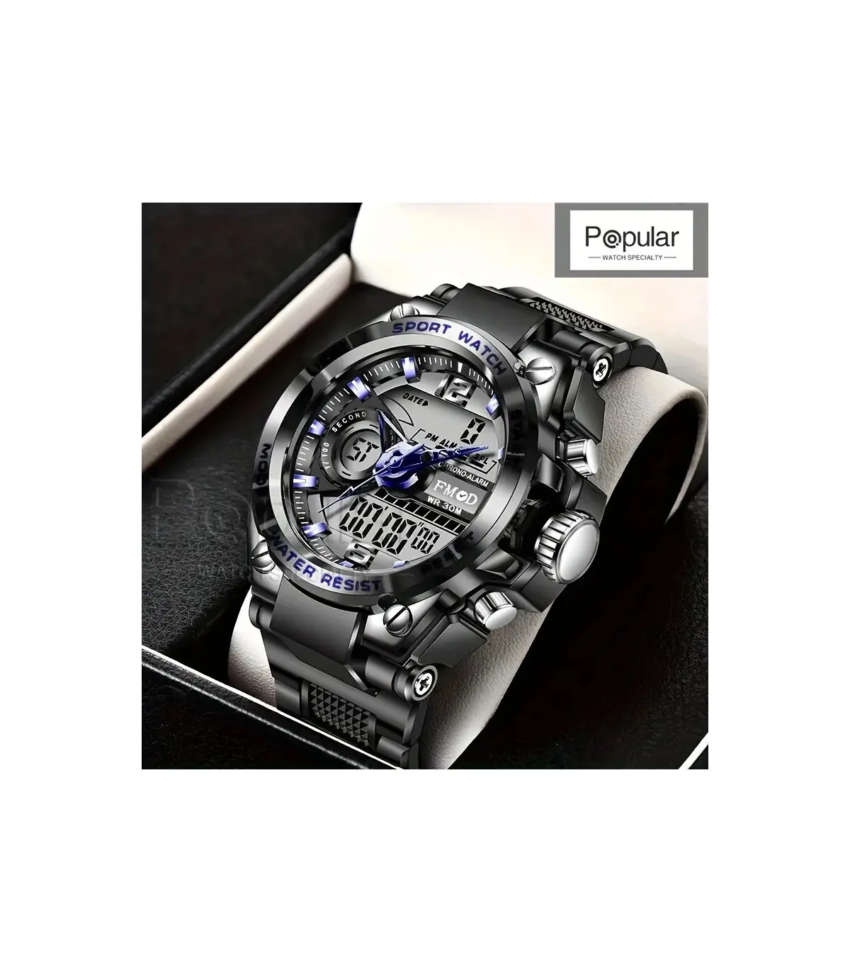 [Bleu] Montre-bracelet militaire numérique en acier pour hommes, horloge à Quartz LED, montre d