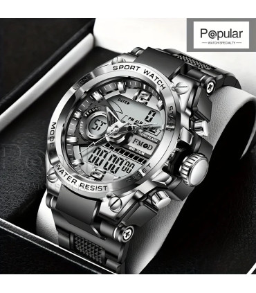 [Bleu] Montre-bracelet militaire numérique en acier pour hommes, horloge à Quartz LED, montre d