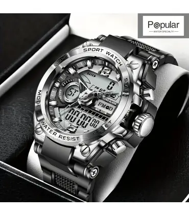 [Bleu] Montre-bracelet militaire numérique en acier pour hommes, horloge à Quartz LED, montre d