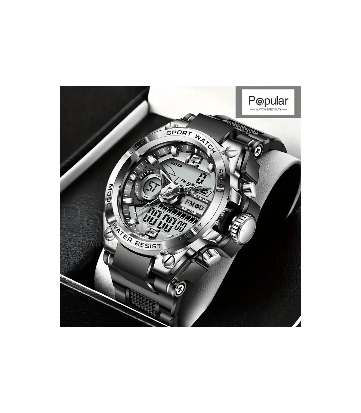 [Bleu] Montre-bracelet militaire numérique en acier pour hommes, horloge à Quartz LED, montre d