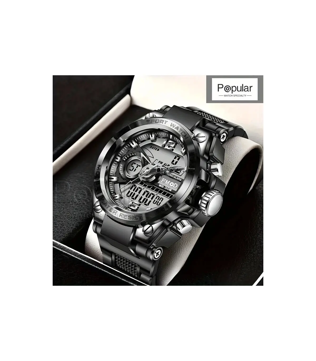 [Bleu] Montre-bracelet militaire numérique en acier pour hommes, horloge à Quartz LED, montre d